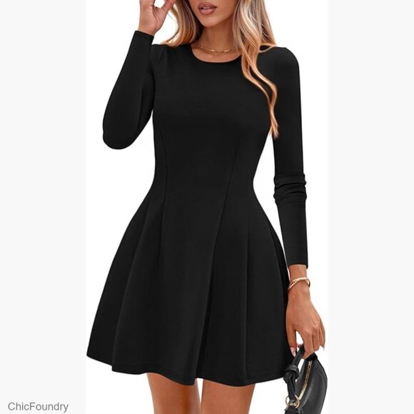 Dresses & Skirts - Long Sleeve Mini Knit Dress A-Line Babydoll Pleated Party Casual